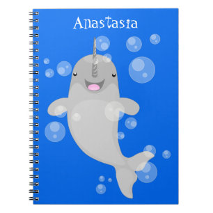 Cute happy narwhal bubbles cartoon illustration notebook
