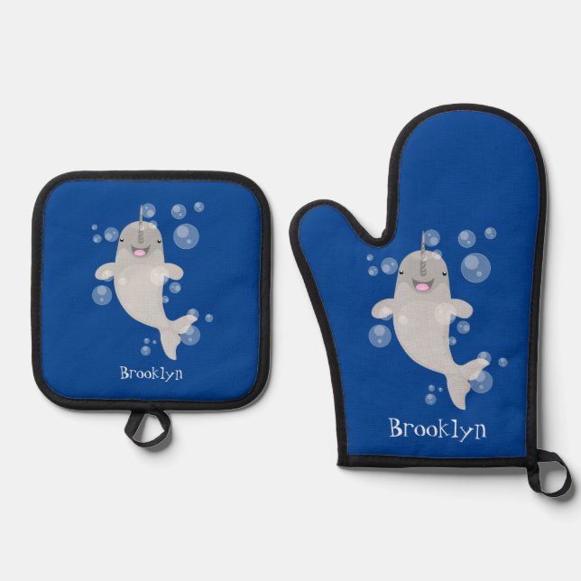 Cute happy narwhal bubbles cartoon illustration oven mitt & pot holder set (Front)