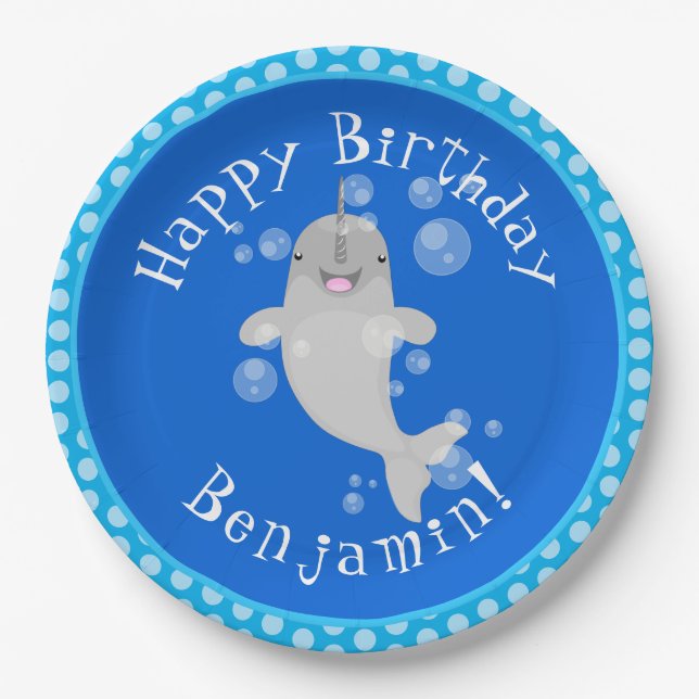 Cute happy narwhal bubbles cartoon illustration paper plate (Front)