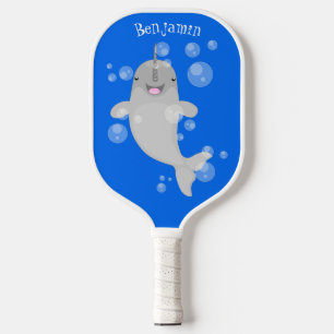 Cute happy narwhal bubbles cartoon illustration pickleball paddle