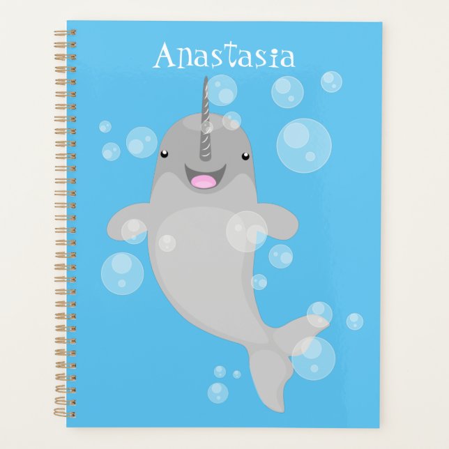 Cute happy narwhal bubbles cartoon illustration planner (Front)