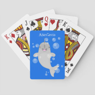 Cute happy narwhal bubbles cartoon illustration playing cards