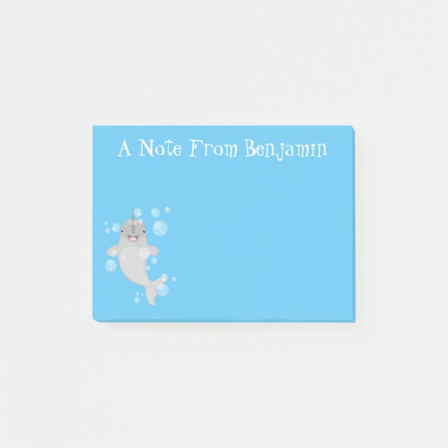 Cute happy narwhal bubbles cartoon illustration post-it notes (Front)