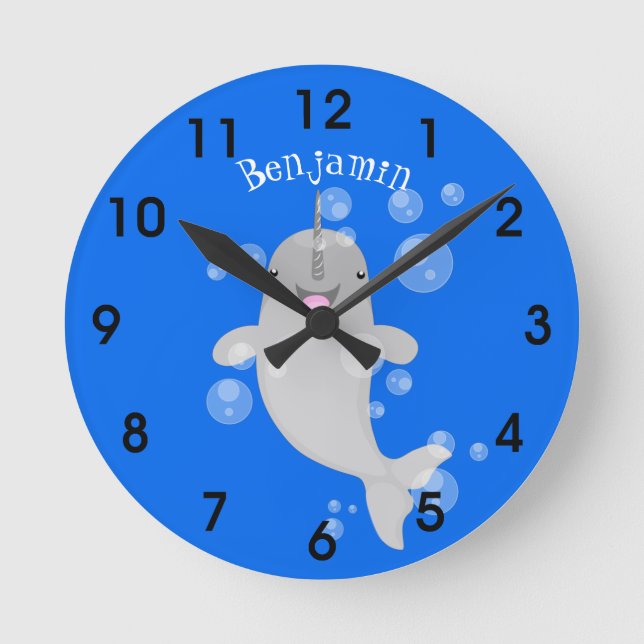Cute happy narwhal bubbles cartoon illustration round clock (Front)