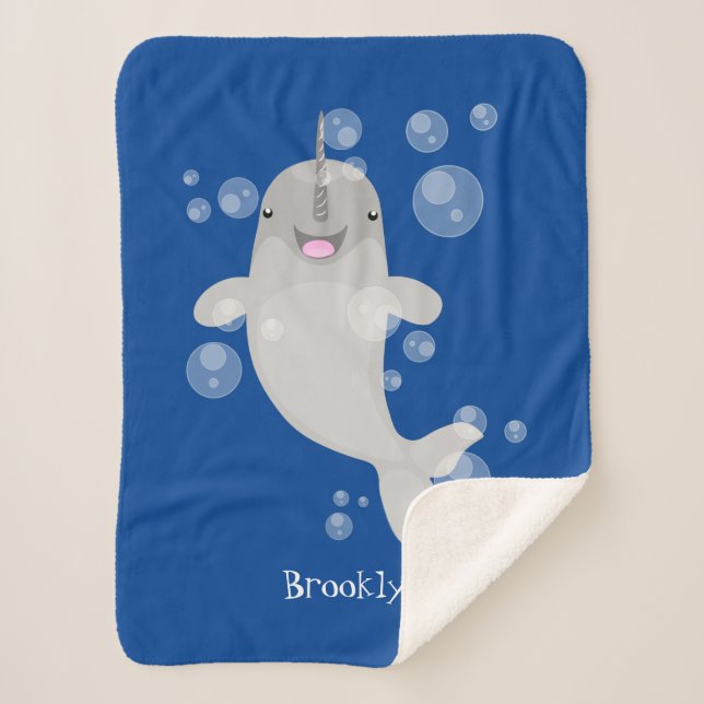 Cute happy narwhal bubbles cartoon illustration  sherpa blanket (Front)