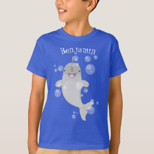 Cute happy narwhal bubbles cartoon illustration T-Shirt