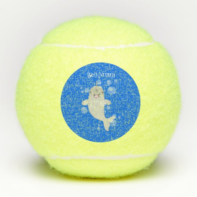 Cute happy narwhal bubbles cartoon illustration tennis balls (Front)