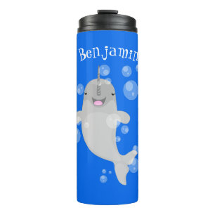 Cute happy narwhal bubbles cartoon illustration thermal tumbler