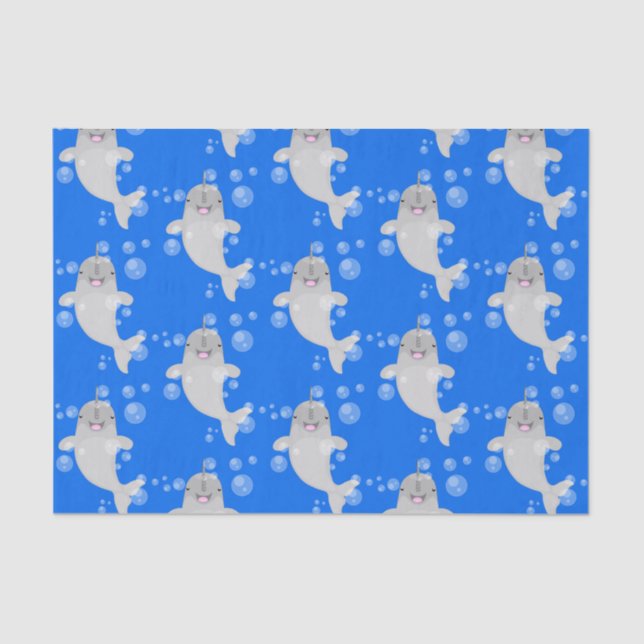 Cute happy narwhal bubbles cartoon illustration tissue paper (Front)