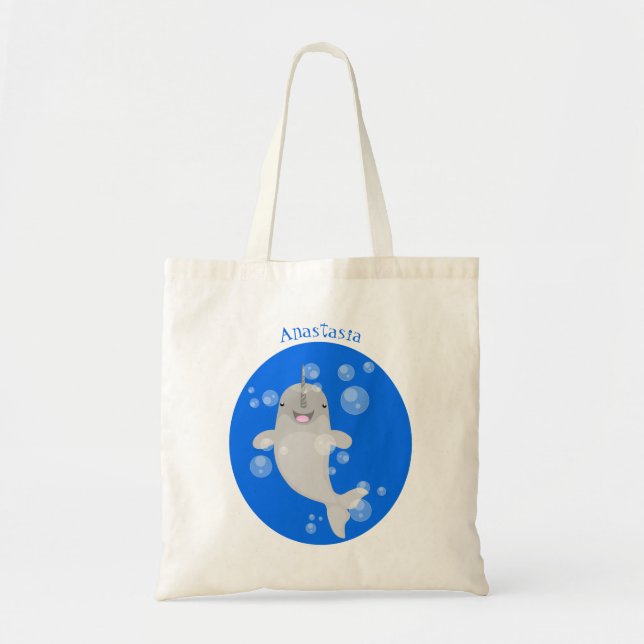 Cute happy narwhal bubbles cartoon illustration tote bag (Front)
