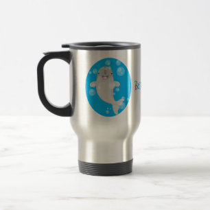 Cute happy narwhal bubbles cartoon illustration travel mug