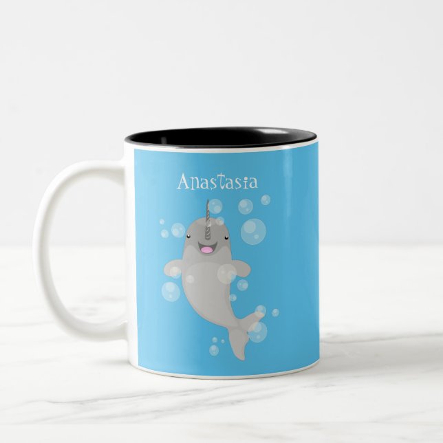 Cute happy narwhal bubbles cartoon illustration Two-Tone coffee mug (Left)