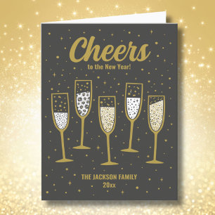 Cute Happy New Year Champagne black gold white Holiday Card
