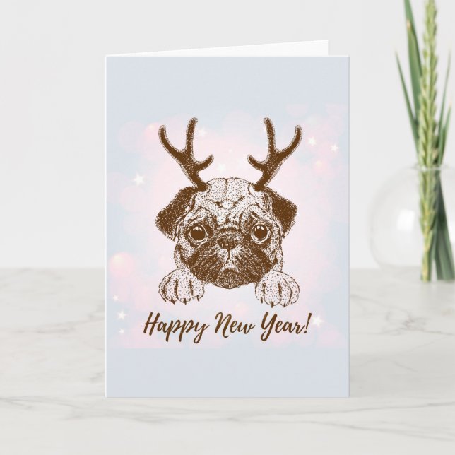 Cute Happy New Year Reindeer Pug Holiday Card (Front)