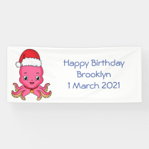 Cute happy octopus wearing Christmas hat cartoon Banner