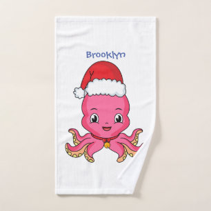 Cute happy octopus wearing Christmas hat cartoon Bath Towel Set