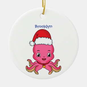 Cute happy octopus wearing Christmas hat cartoon Ceramic Tree Decoration