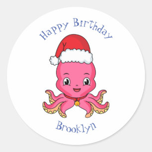 Cute happy octopus wearing Christmas hat cartoon Classic Round Sticker