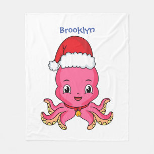 Cute happy octopus wearing Christmas hat cartoon Fleece Blanket