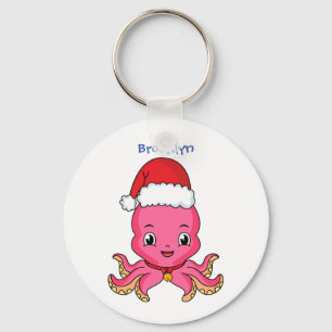 Cute happy octopus wearing Christmas hat cartoon Key Ring