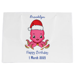 Cute happy octopus wearing Christmas hat cartoon Large Gift Bag