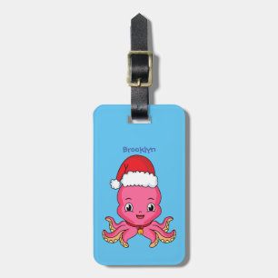 Cute happy octopus wearing Christmas hat cartoon Luggage Tag