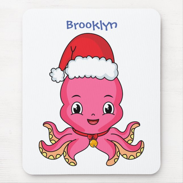 Cute happy octopus wearing Christmas hat cartoon Mouse Mat (Front)