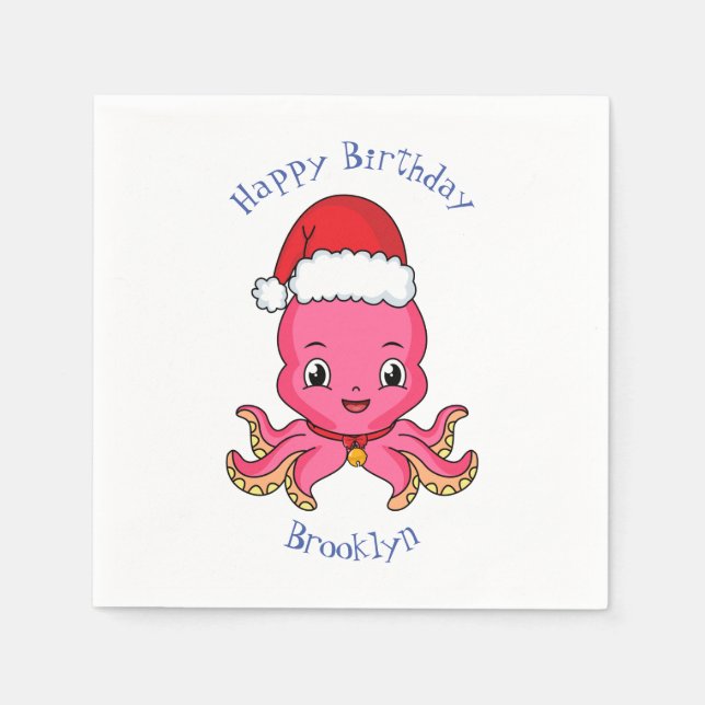 Cute happy octopus wearing Christmas hat cartoon Napkin (Front)