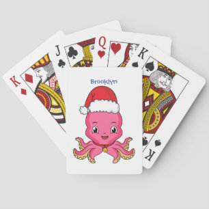 Cute happy octopus wearing Christmas hat cartoon Playing Cards