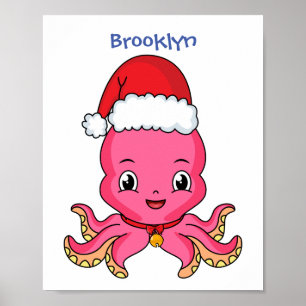 Cute happy octopus wearing Christmas hat cartoon Poster