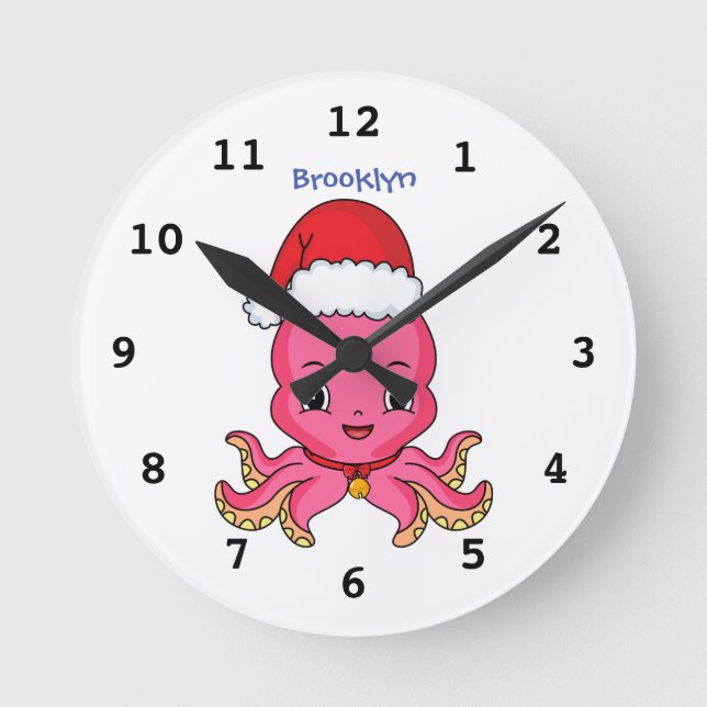 Cute happy octopus wearing Christmas hat cartoon Round Clock (Front)
