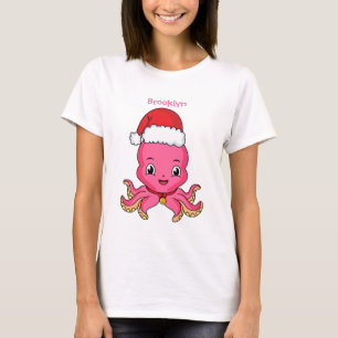 Cute happy octopus wearing Christmas hat cartoon T-Shirt