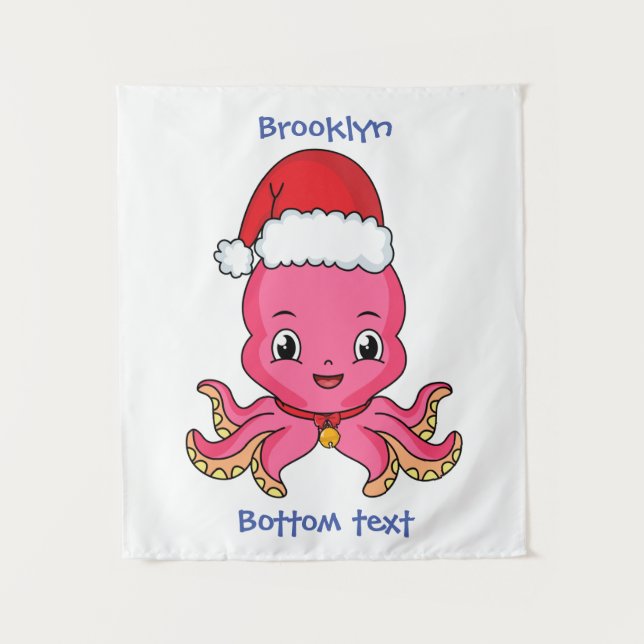 Cute happy octopus wearing Christmas hat cartoon Tapestry (Front)