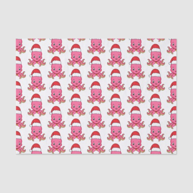 Cute happy octopus wearing Christmas hat cartoon Tissue Paper (Front)