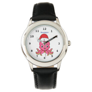 Cute happy octopus wearing Christmas hat cartoon Watch