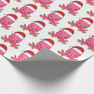 Cute happy octopus wearing Christmas hat cartoon Wrapping Paper