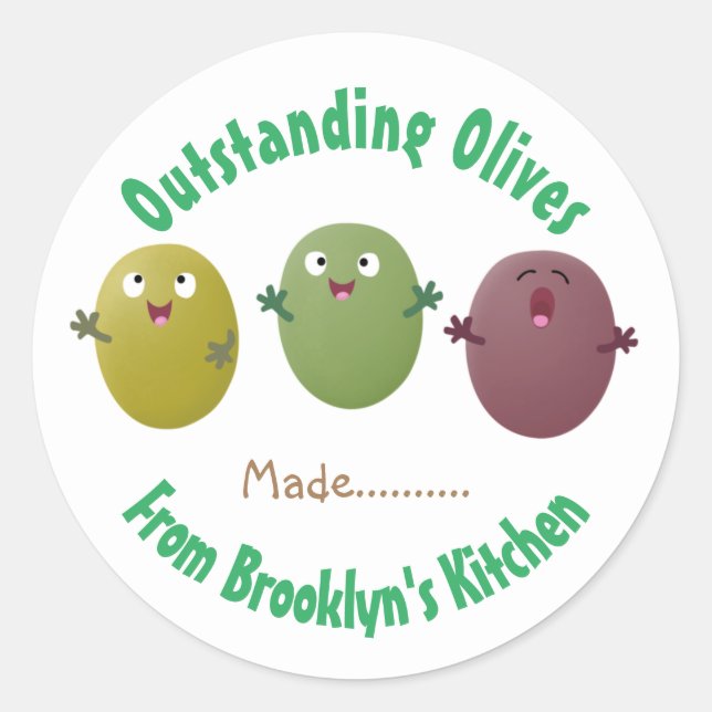 Cute happy olives preserves pickle label cartoon (Front)