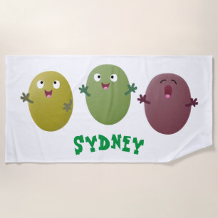 Cute happy olives singing cartoon beach towel