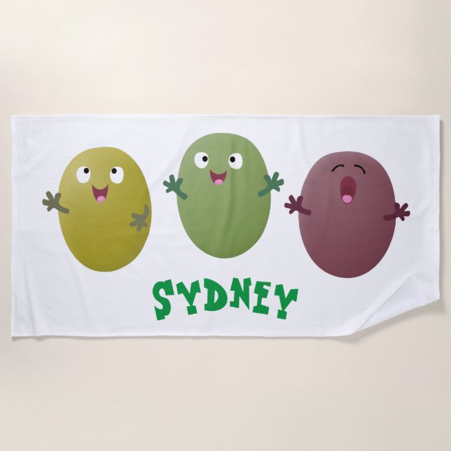 Cute happy olives singing cartoon beach towel (Front)