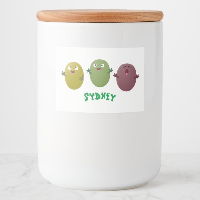 Cute happy olives singing cartoon food label (Front)