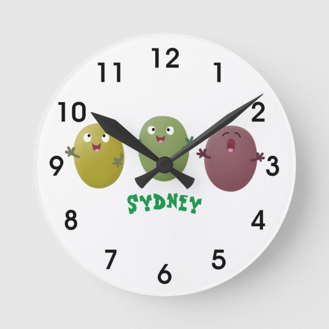 Cute happy olives singing cartoon round clock (Front)