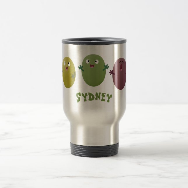 Cute happy olives singing cartoon travel mug (Center)