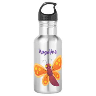 Cute happy orange butterfly cartoon illustration 532 ml water bottle