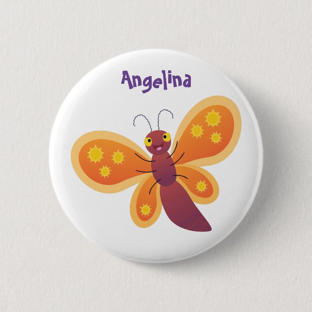 Cute happy orange butterfly cartoon illustration 6 cm round badge (Front)