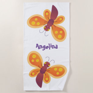 Cute happy orange butterfly cartoon illustration beach towel