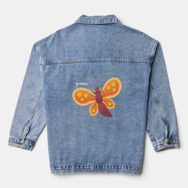 Cute happy orange butterfly cartoon illustration denim jacket (Back)