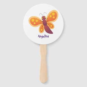 Cute happy orange butterfly cartoon illustration hand fan