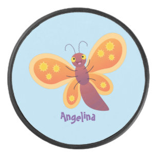 Cute happy orange butterfly cartoon illustration hockey puck