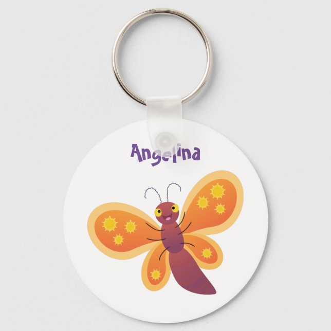 Cute happy orange butterfly cartoon illustration key ring (Front)