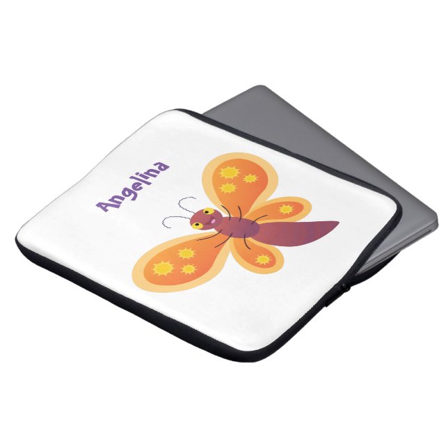Cute happy orange butterfly cartoon illustration laptop sleeve (Front Top)